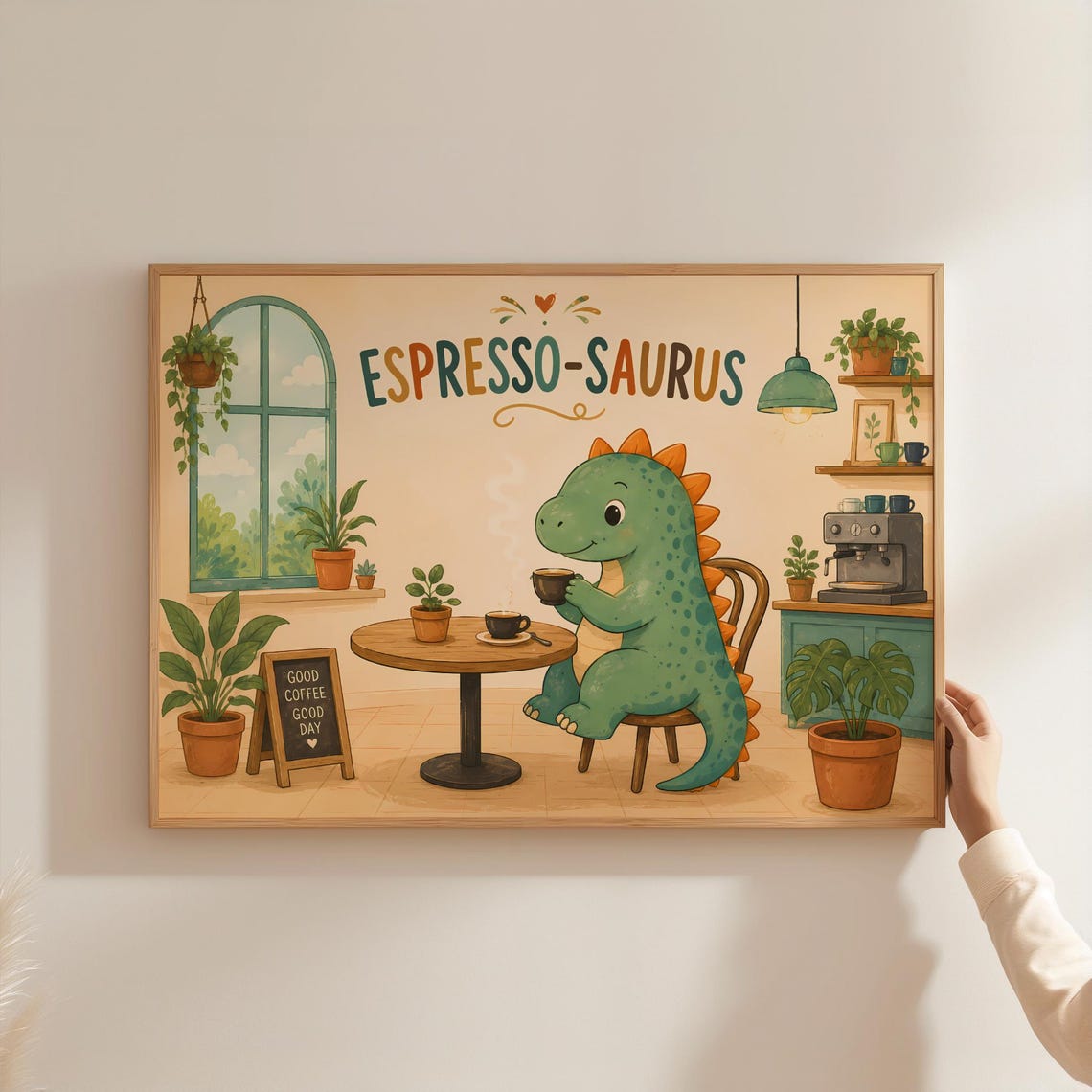 Espresso Saurus Cute Green Dinosaur Drinking Espresso at a Cafe Poster