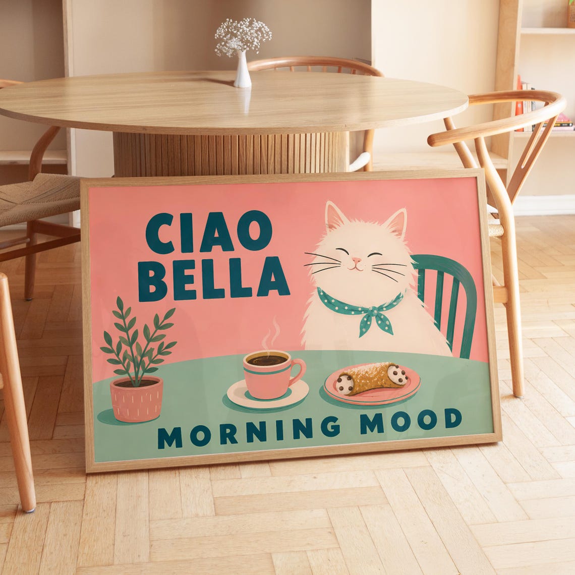 Digital Download Ciao Bella Morning Mood Cute White Cat Coffee Printable Italian Cafe Cannoli Print File