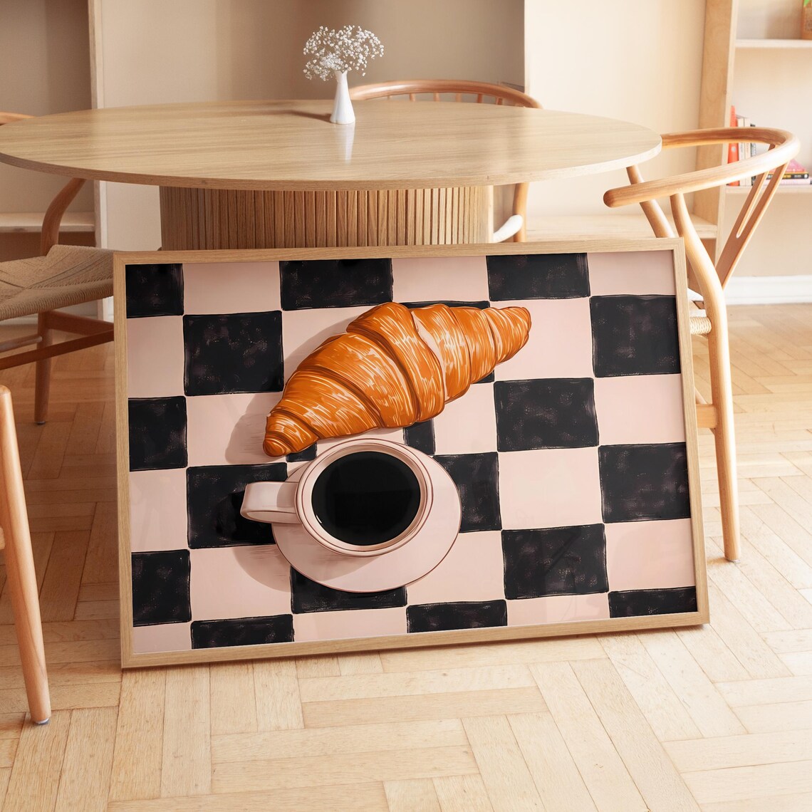 Bold Croissant Coffee Checkerboard Poster Retro Black Pink Breakfast Kitchen Art