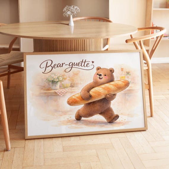 Bearguette Printable Funny Bear Baguette Poster Download French Cuisine Wall Art Foodie Print