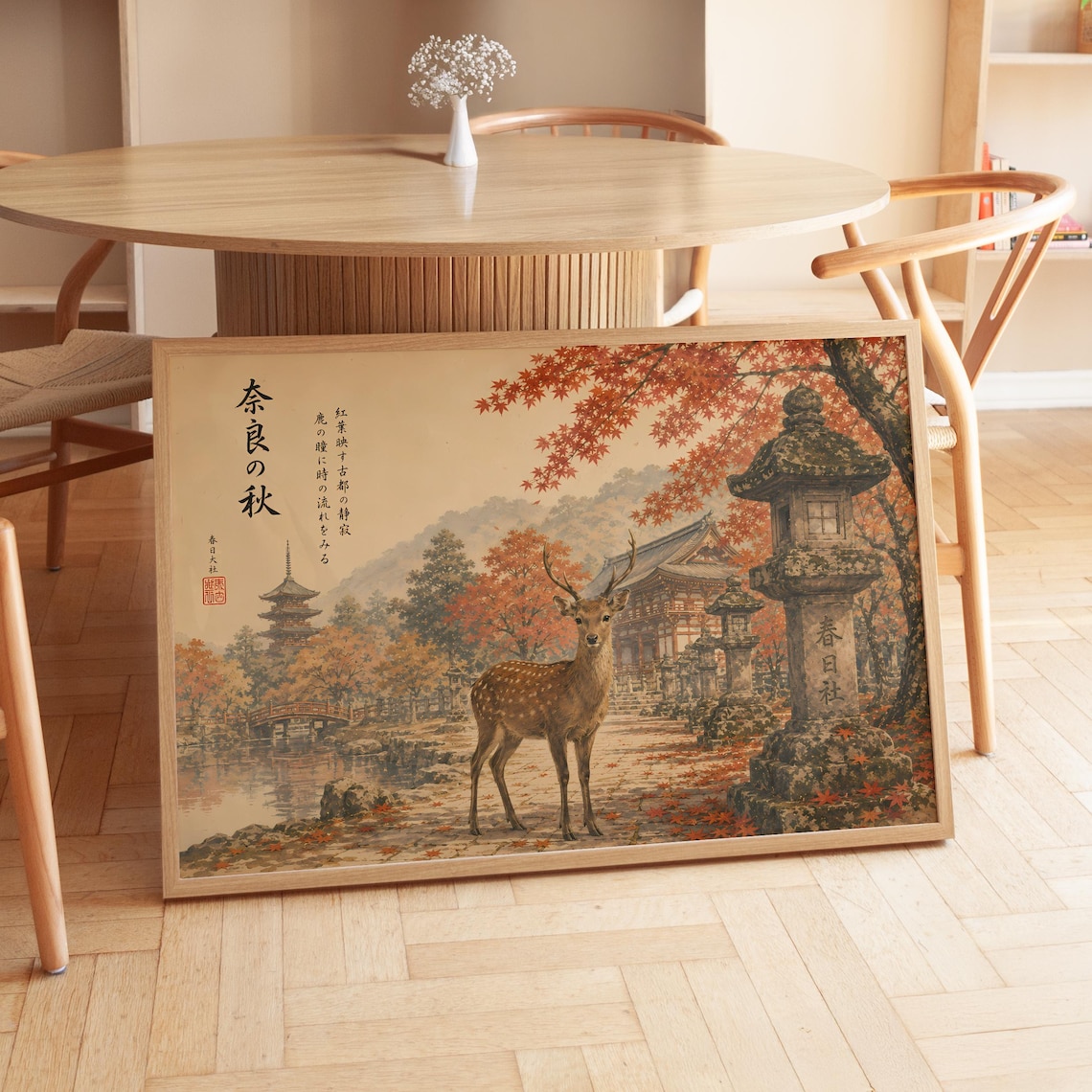Vintage Japanese Nara Deer Autumn Temple Art Print