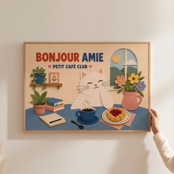 Papercut Style White Cat Art Print French Cafe Vibe Pastry Poster Aesthetic Pastel Apartment Wall Decor Gift For Mom