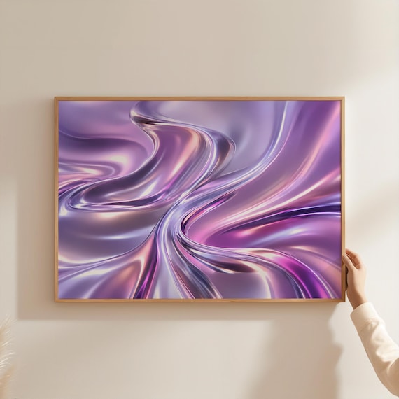 Holographic Poster Print Metallic Wall Art Pastel Pink Purple Liquid Waves Modern 3d Abstract Canvas Y2k Aesthetic Room Decor