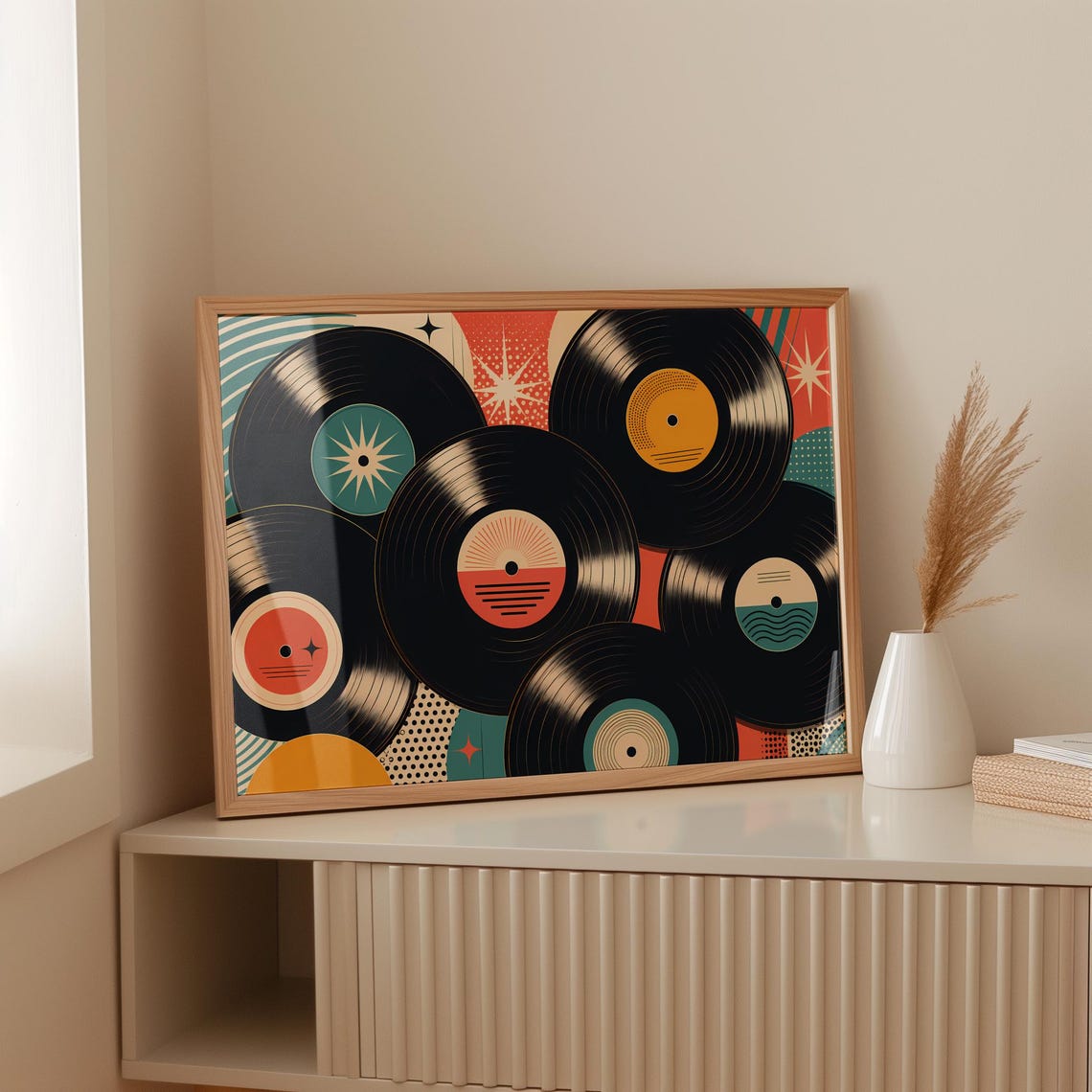 Retro Vinyl Records Collage Poster Vintage Music Room Horizontal Art