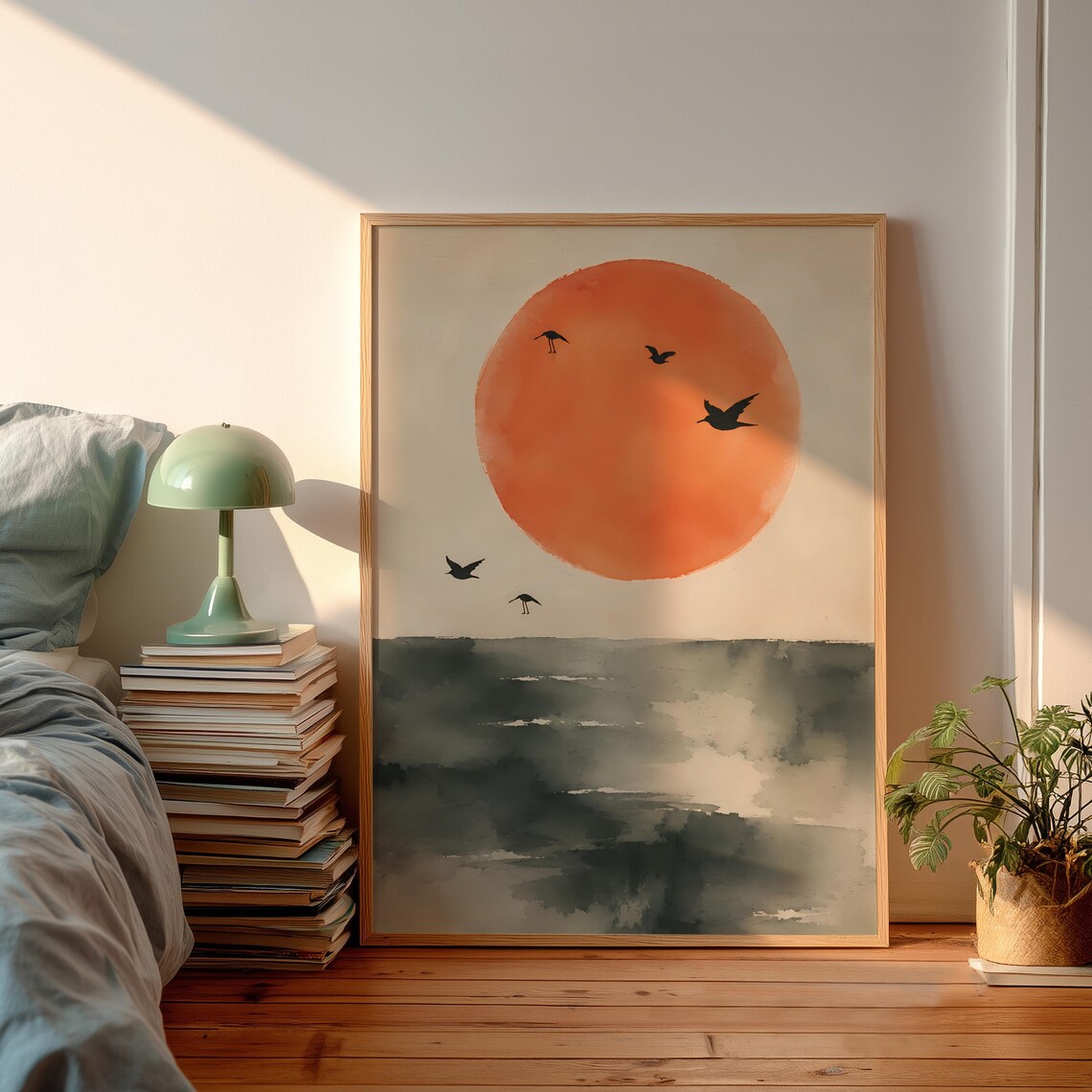 Rising Sun Poster, Minimalist Vintage Ocean Landscape
