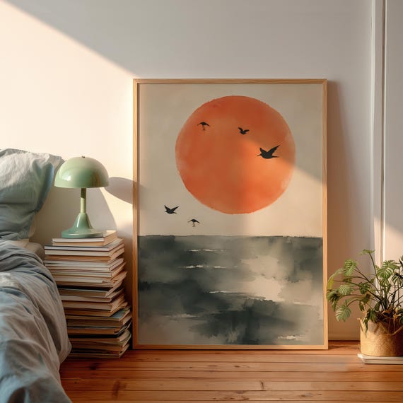 Rising Sun Poster, Minimalist Vintage Ocean Landscape