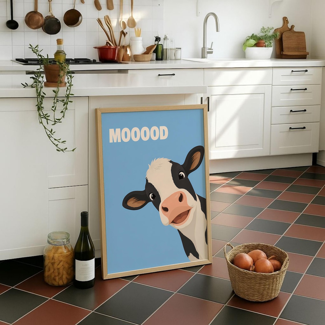Mooood Cheerful Cow Print Blue Portrait Funny Farm Animal Quote Wall Gift