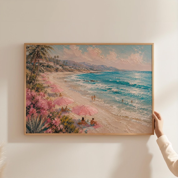 Sunny Coastal Beach Pink Umbrellas Palette Knife Ocean Art Poster