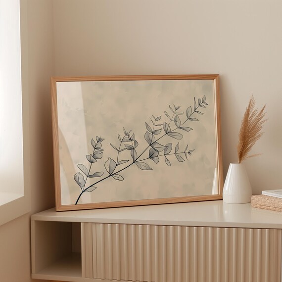 Botanischer Line Art Print Zarter Zweig Download In Beige Grau Minimalistische Pflanzen Wandkunst