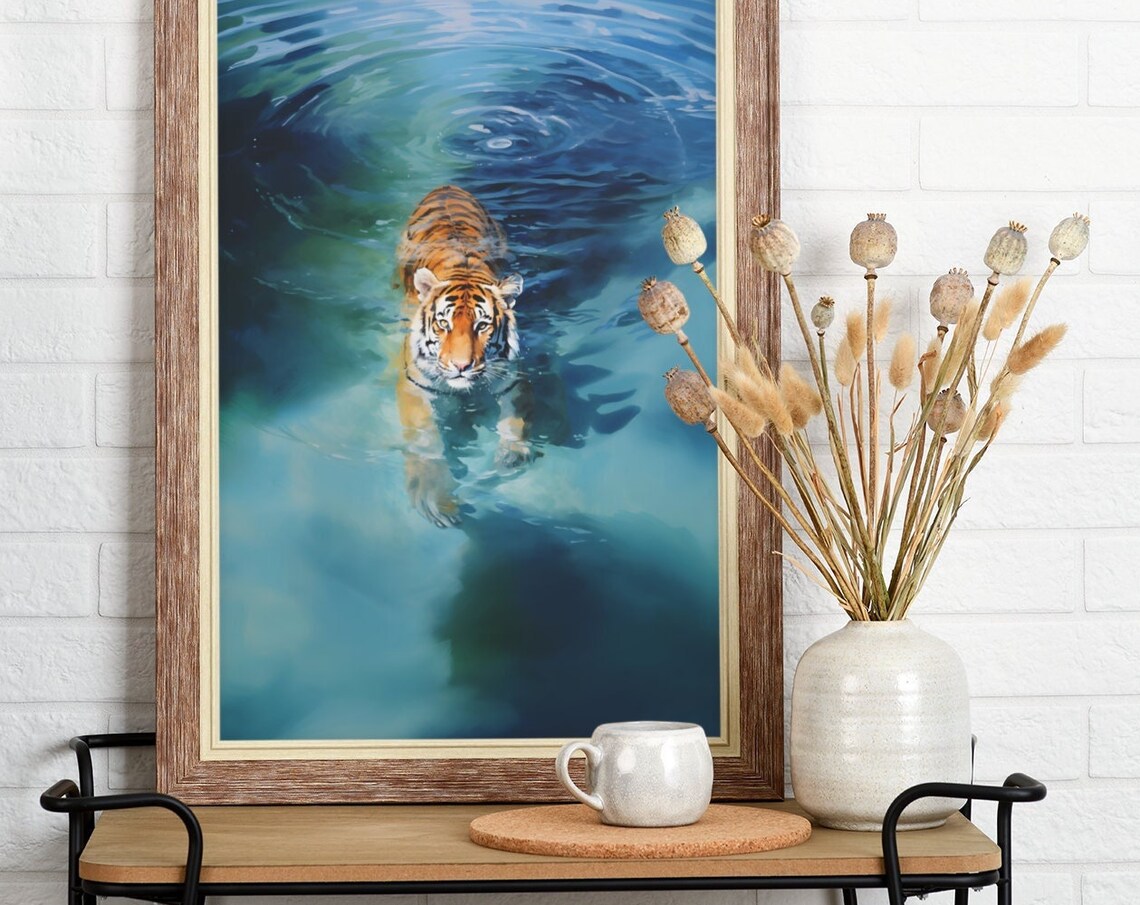 Tiger Swimming Turquoise Water Top View Blue Watercolor Art Print - Image 3