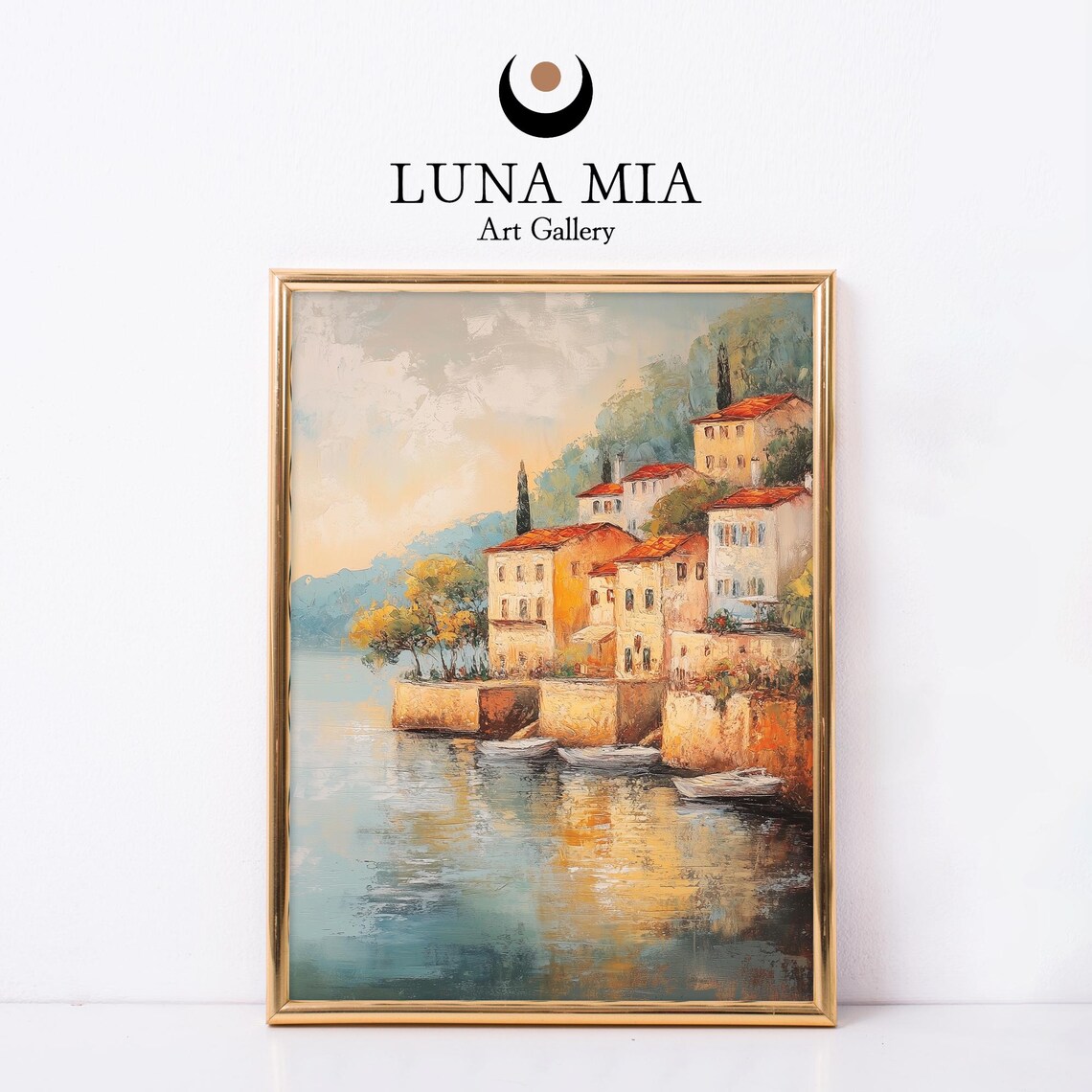 Mediterranean Fishing Village Waterfront Sunset Oil Painting Poster