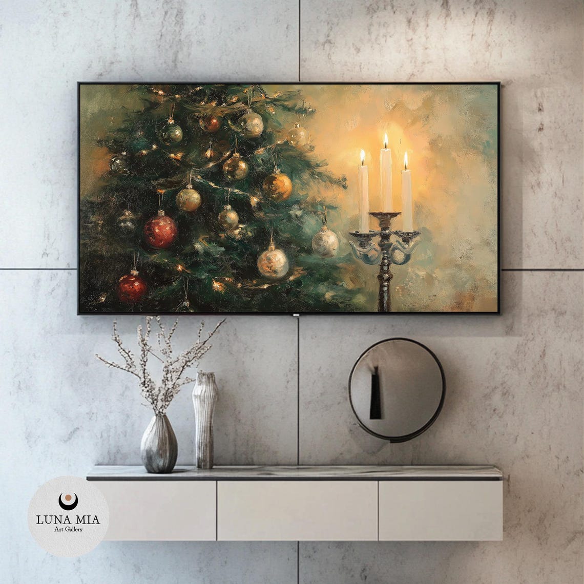Vintage Christmas Tree with Glowing Candles Festive Oil Art Poster - Image 2