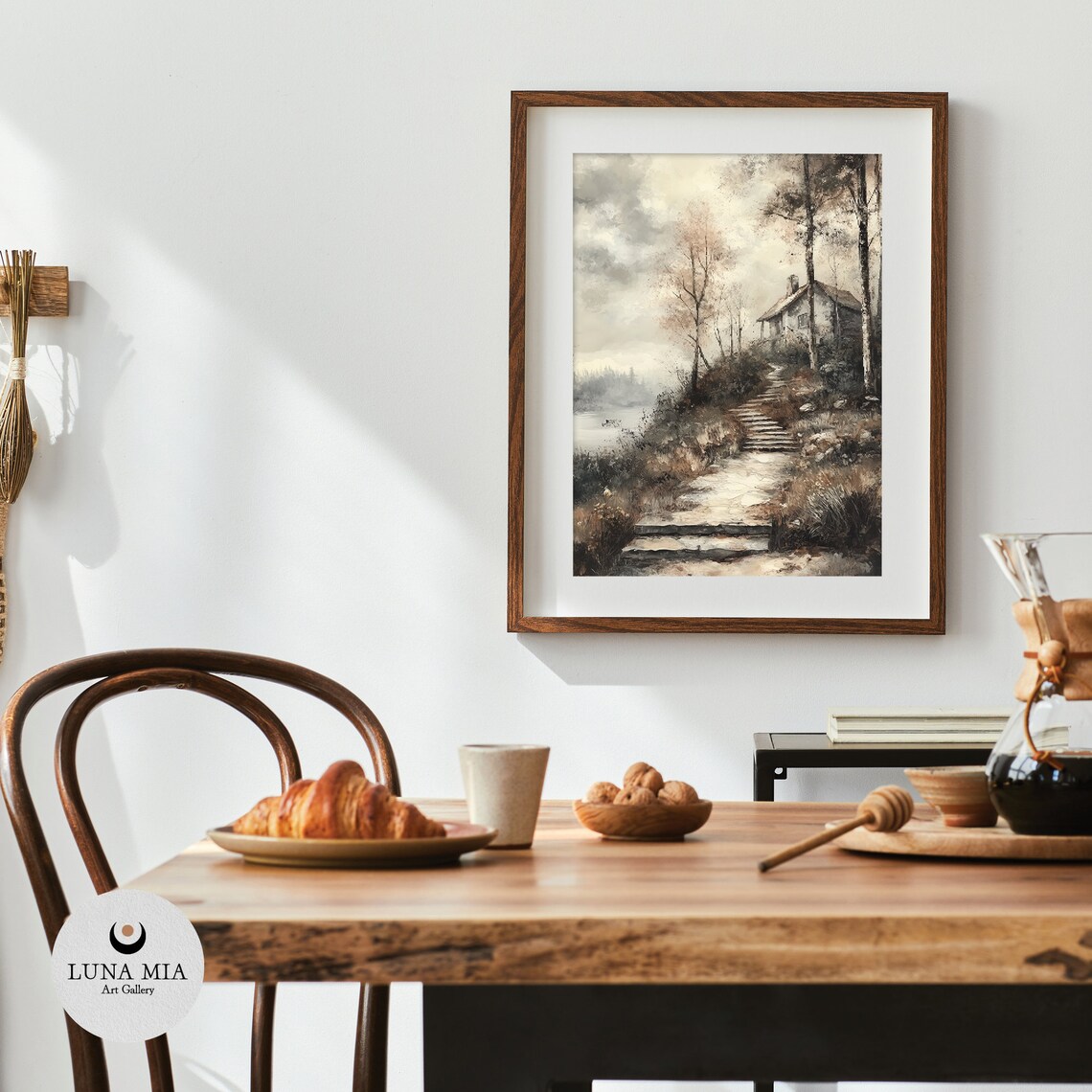 Quiet Sepia Cottage by Misty Lake With Stone Steps Art Poster - Image 4