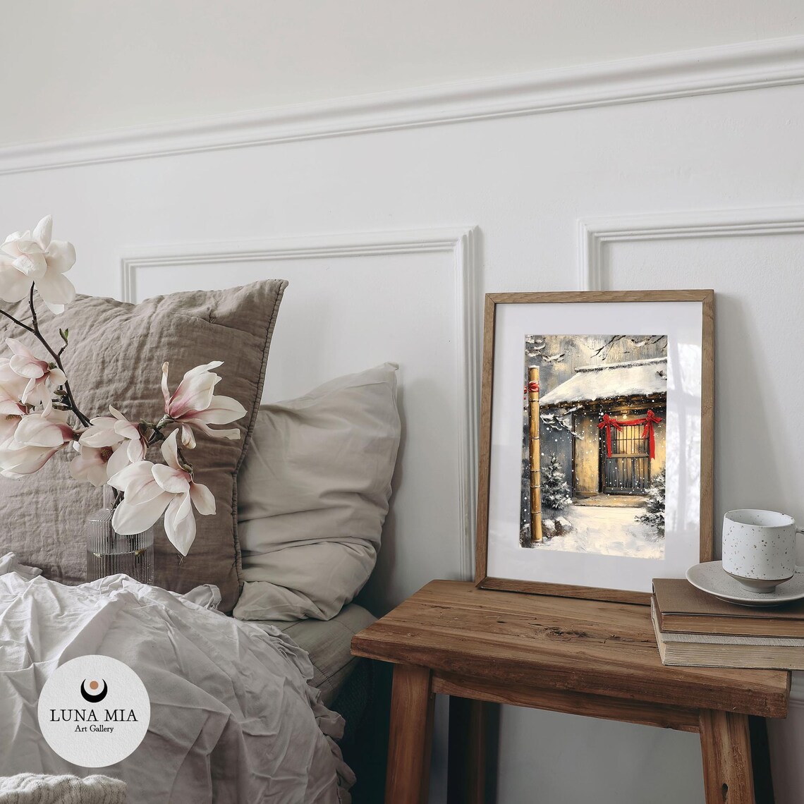 Snowy Japanese Wooden House With Red Bows Oil Painting Poster - Image 2