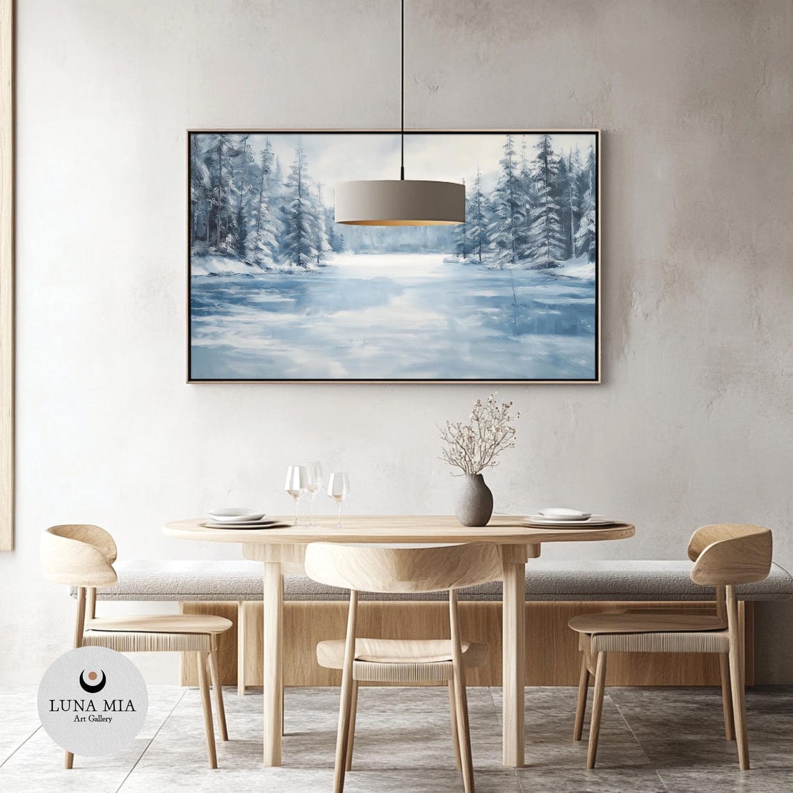 Frozen River in Snowy Pine Forest Blue Gray Winter Landscape Poster - Image 3