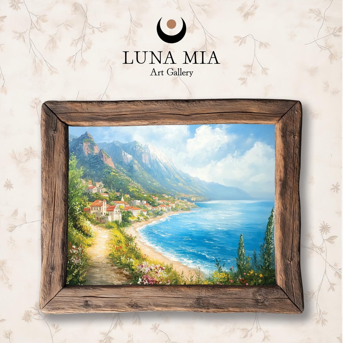 Seaside Village With Mountains Blue Water And Wildflower Path Poster