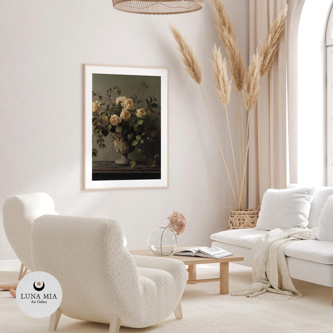 Cream Roses In A Classical Stone Urn On Dark Moody Still Life Poster - Image 3