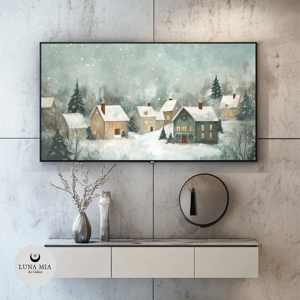Cozy Snow Covered Village With Glowing Windows Under Falling Snow Poster - Image 2