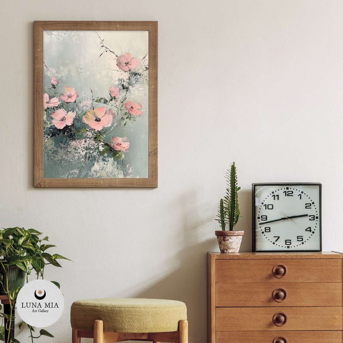Pink Blossom Branches Sage Green Textured Oil Painting Art Poster - Image 3