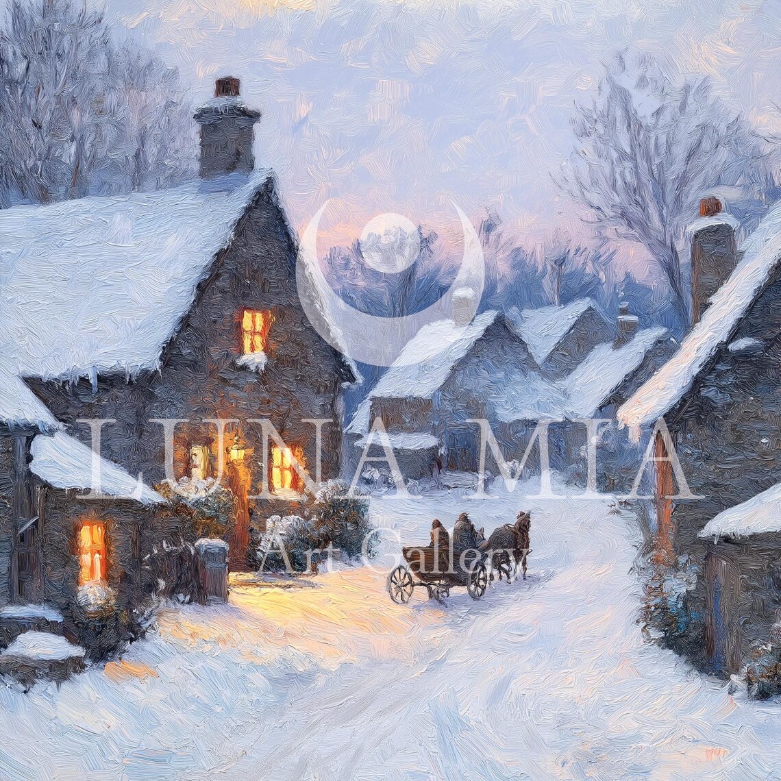 Snowy Village Street Horse Carriage Winter Oil Painting Poster - Image 5