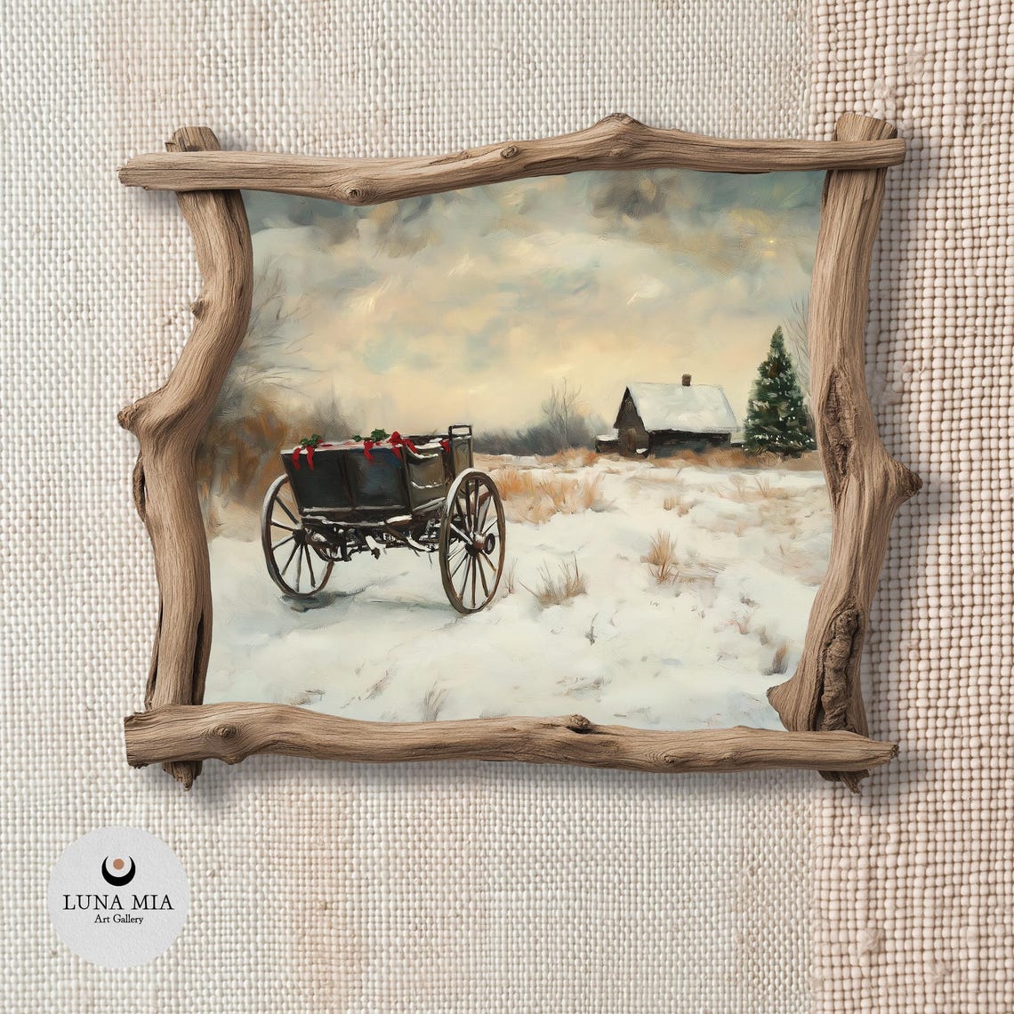 Horse Drawn Wagon With Red Bows In A Snowy Field Vintage Winter Poster - Image 2