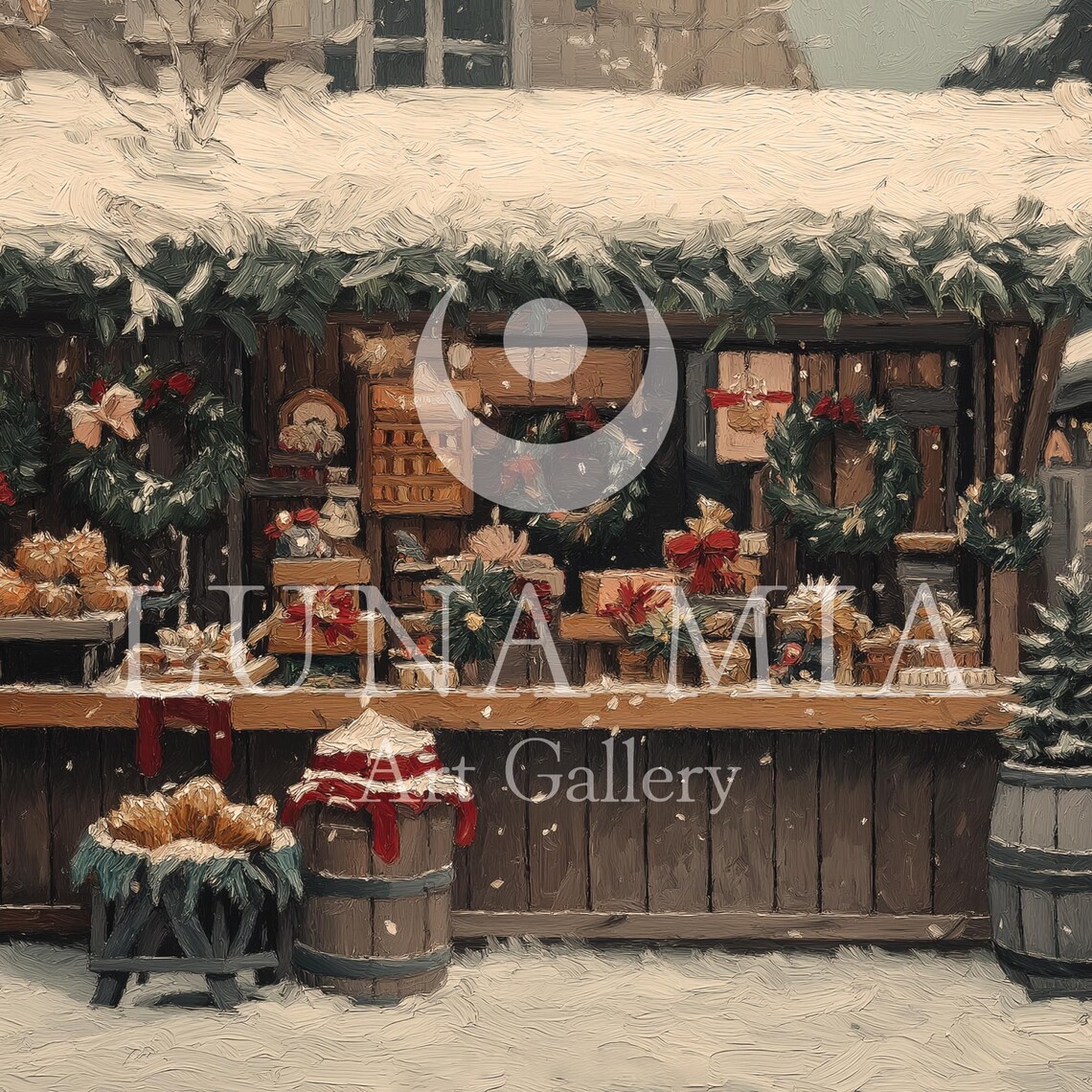 Cozy Christmas Market Stall With Wreaths And Gifts In The Snow Poster - Image 5