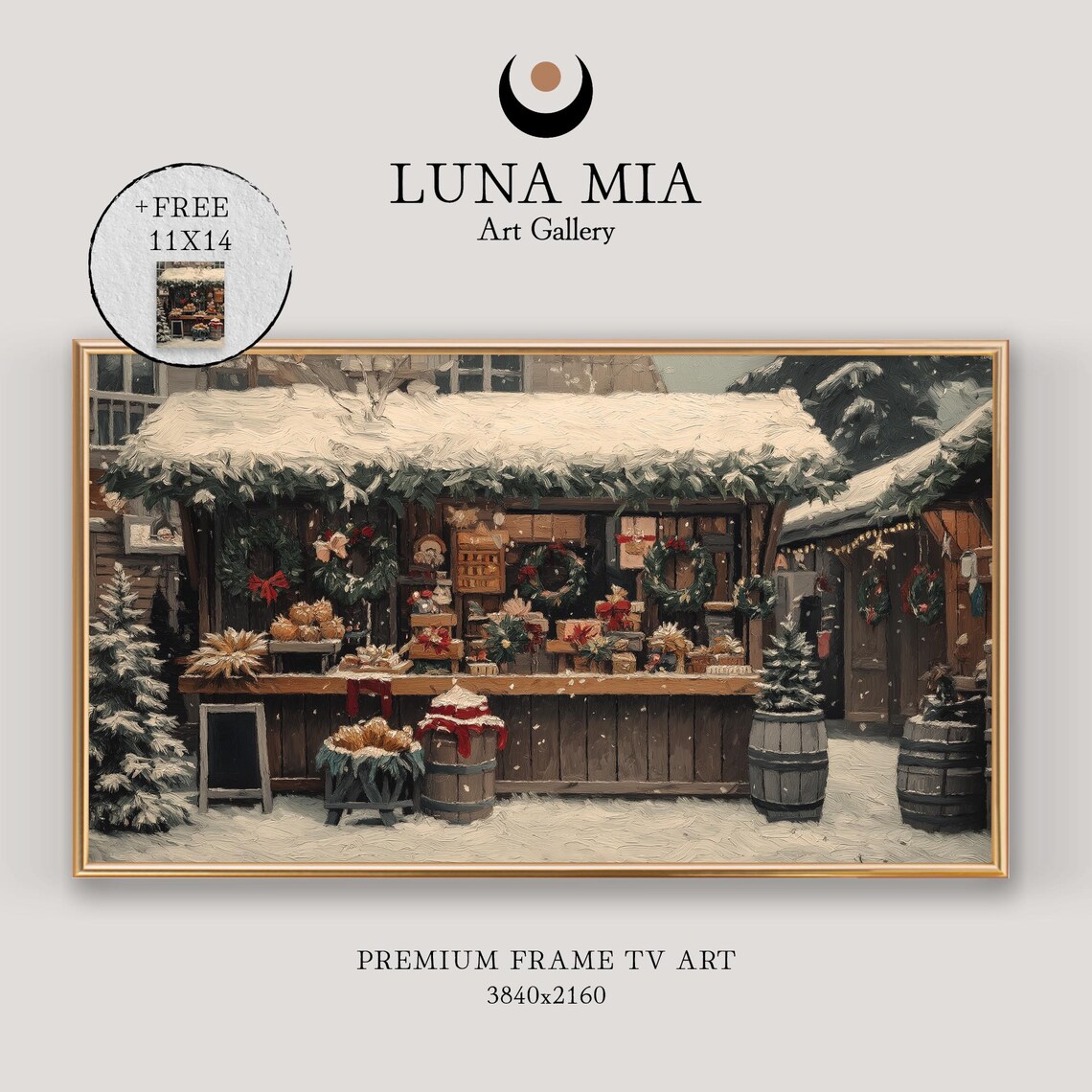 Cozy Christmas Market Stall With Wreaths And Gifts In The Snow Poster