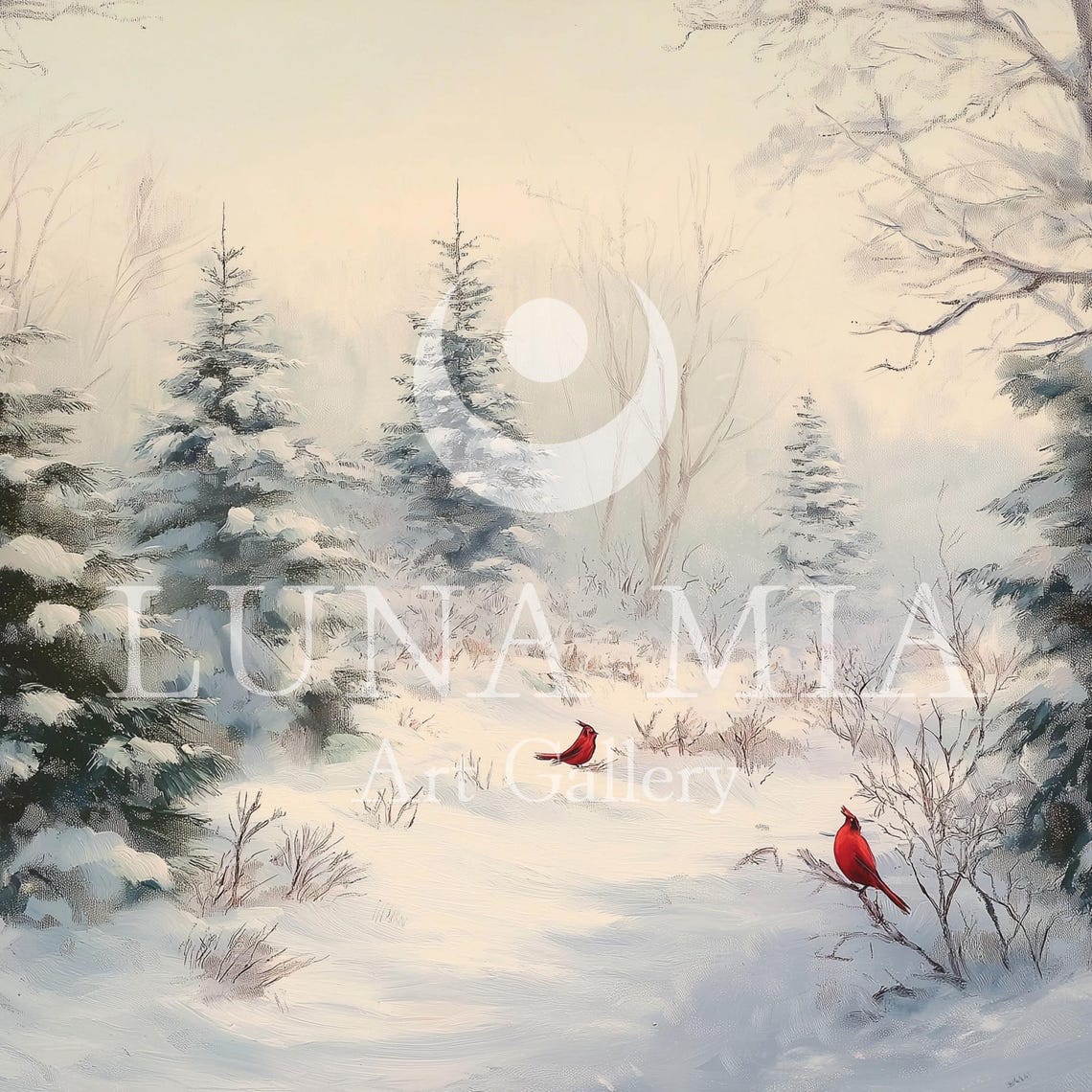 Two Red Cardinals In A Snow Covered Pine Forest Winter Painting Poster - Image 5
