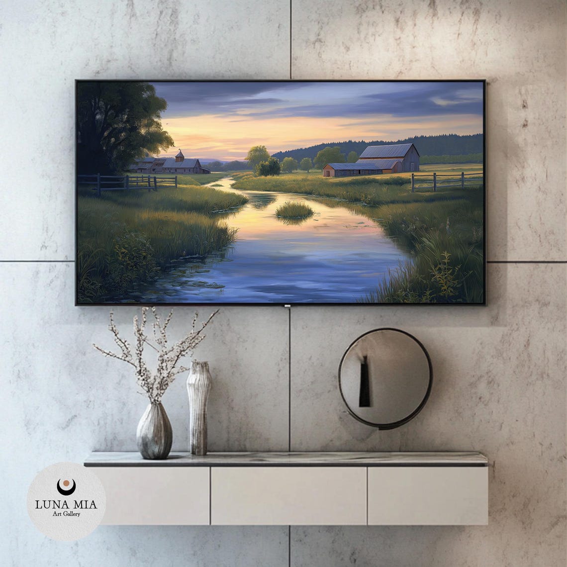 Tranquil Countryside River Painting For Frame Tv Rustic Charm Artwork For Home Decor Landscape Art Print - Image 2