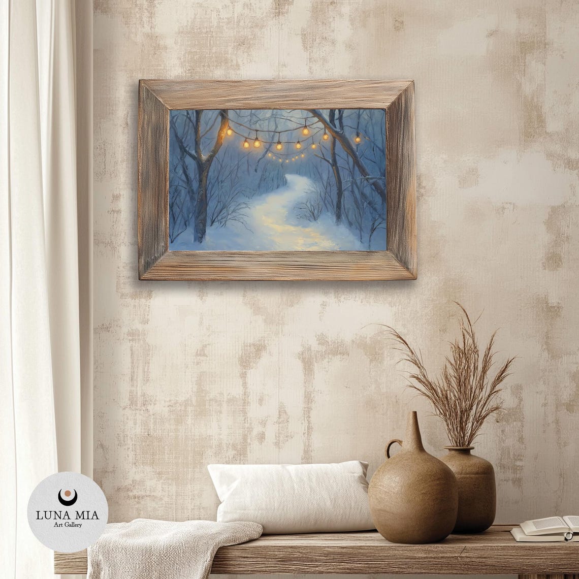 Snowy Forest Path with String Lights Enchanting Winter Night Poster - Image 3
