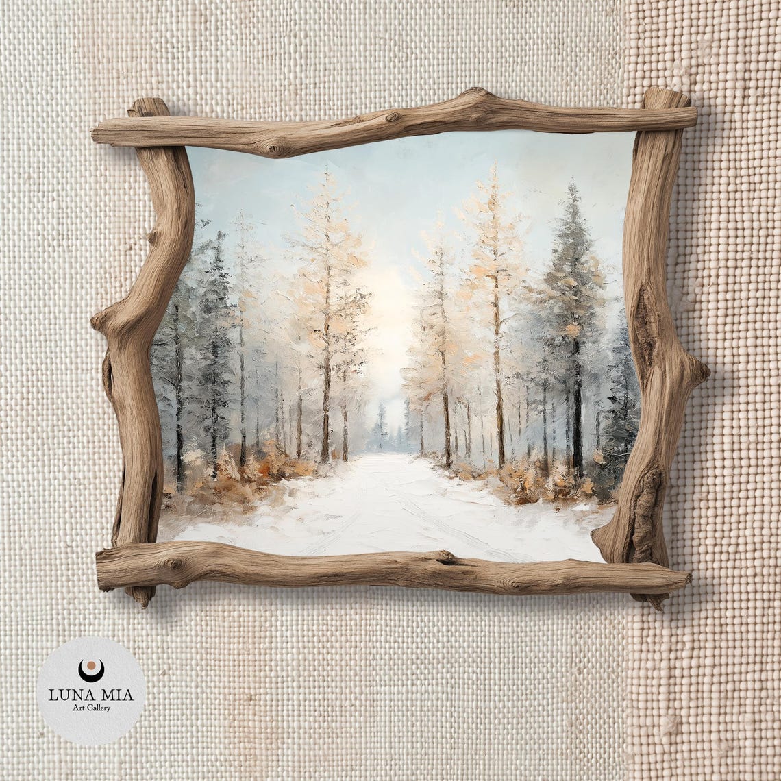 Snowy Forest Road with Golden Sunrise Glow Winter Path Art Poster - Image 2