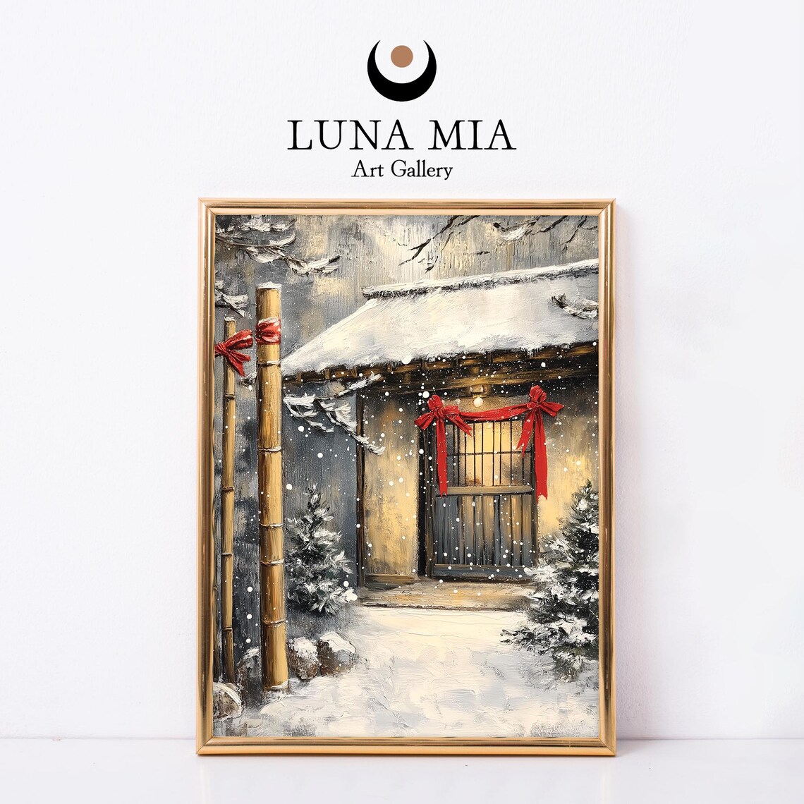 Snowy Japanese Wooden House With Red Bows Oil Painting Poster