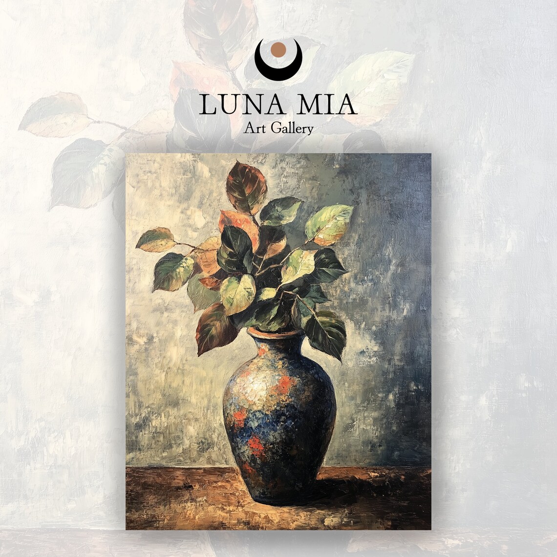 Dark Vase Green Foliage Branches Moody Still Life Oil Painting Poster - Image 2