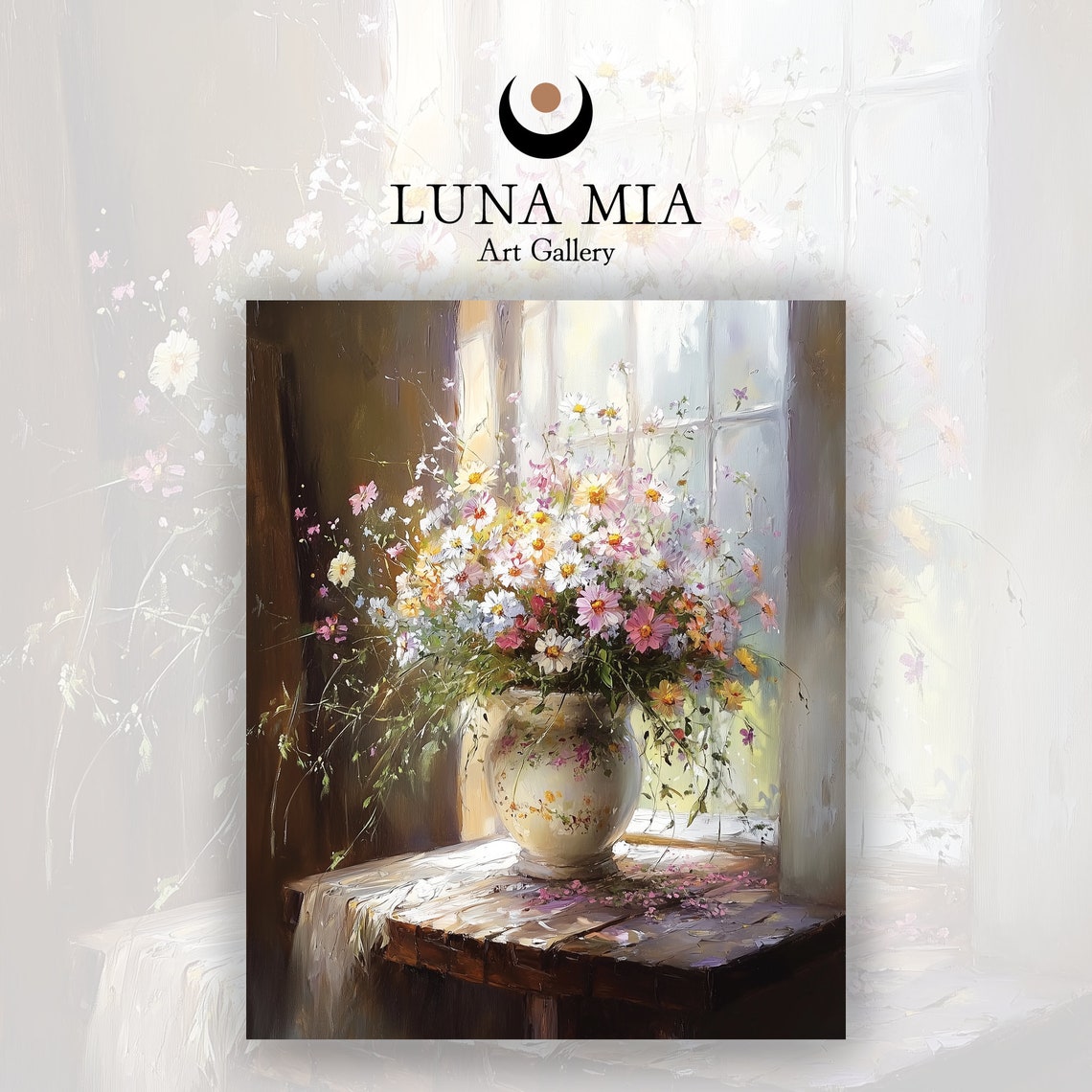 Lush Wildflower Bouquet in Vase Beside Sunlit Window Art Poster - Image 2