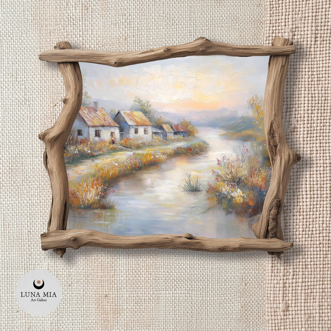 Rustic Vintage Countryside Art, Serene River Village - Image 2
