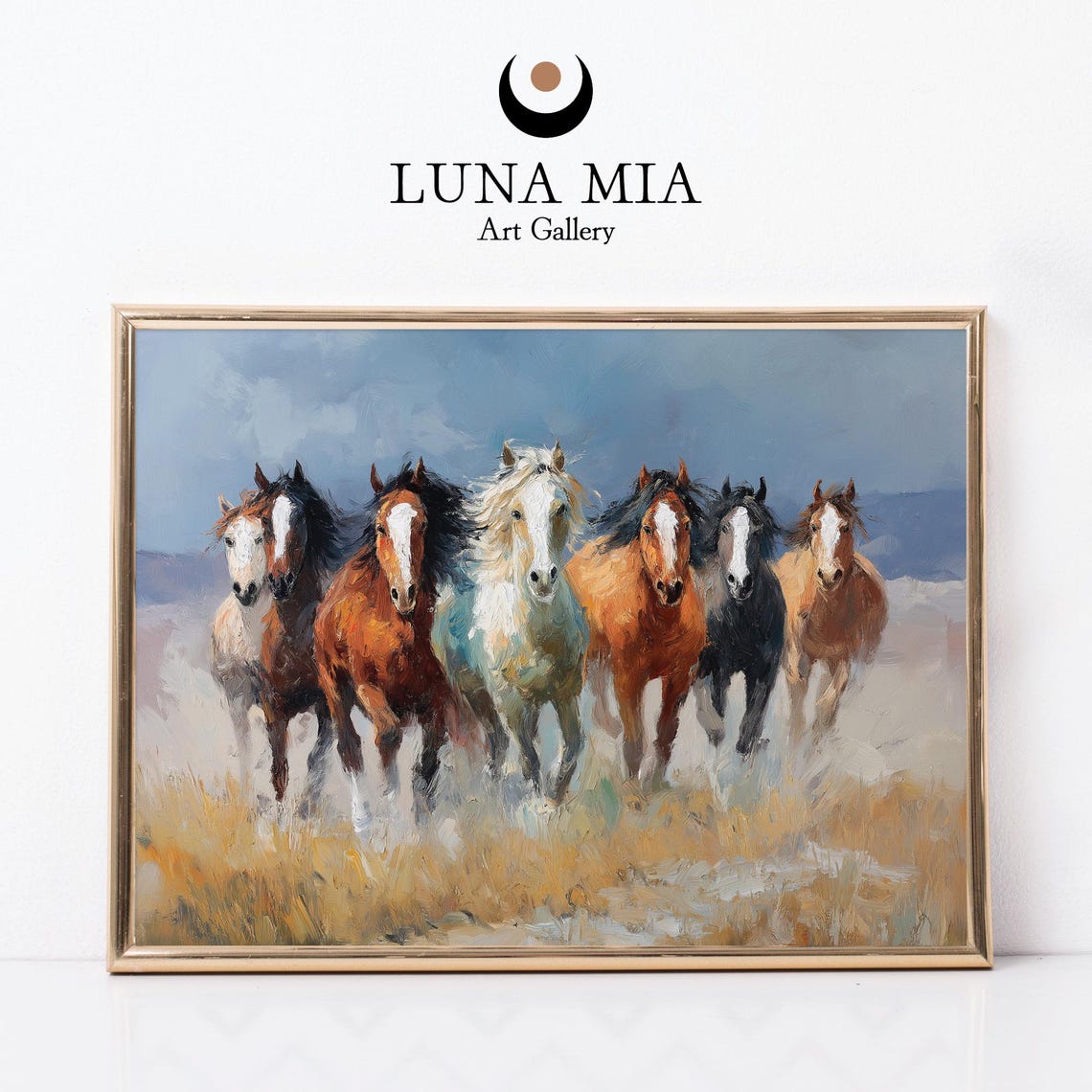 Seven Wild Horses Galloping Prairie Dust Oil Painting Poster