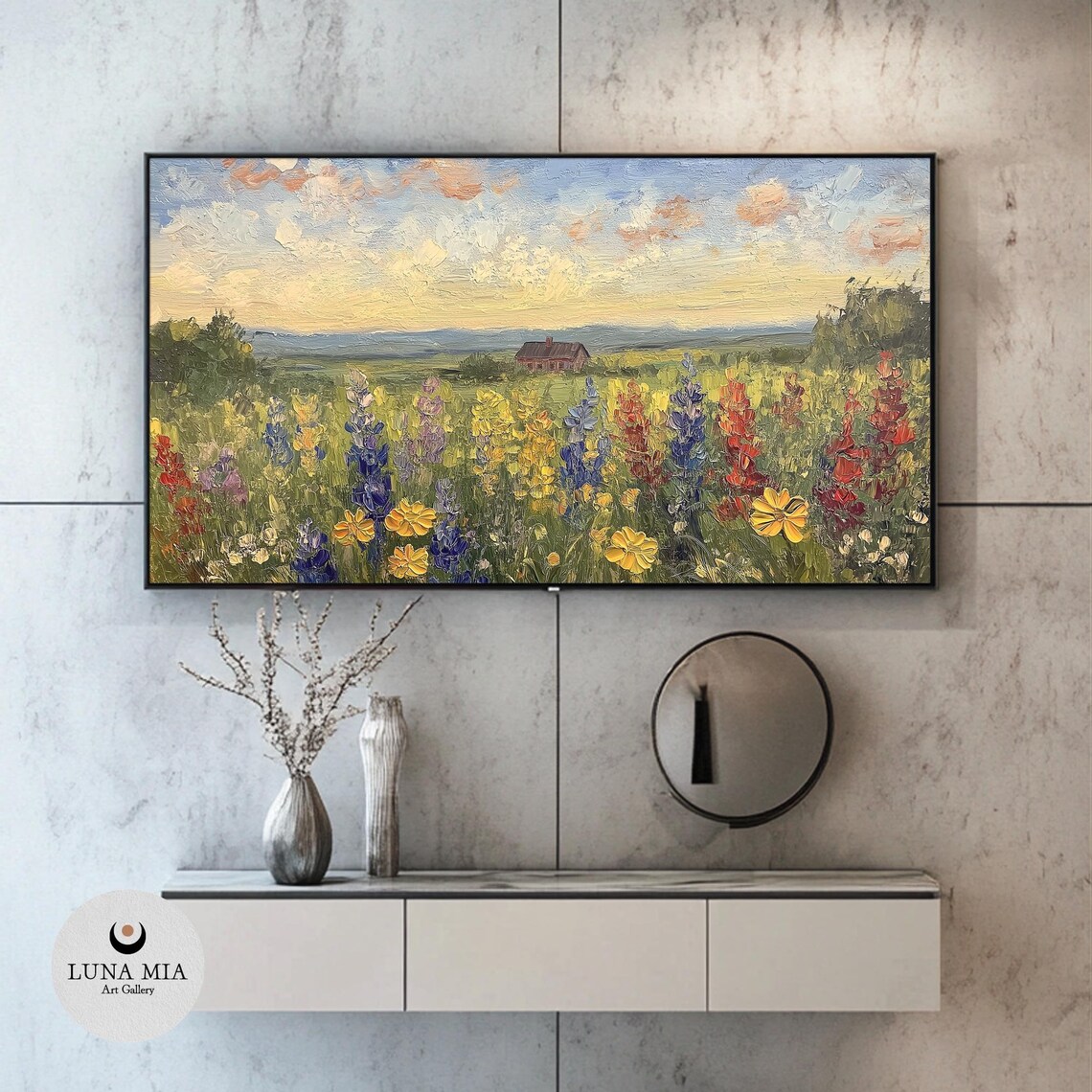 Tall Wildflowers In Blue Red And Yellow With Barn Under Sunrise Sky Poster - Image 2