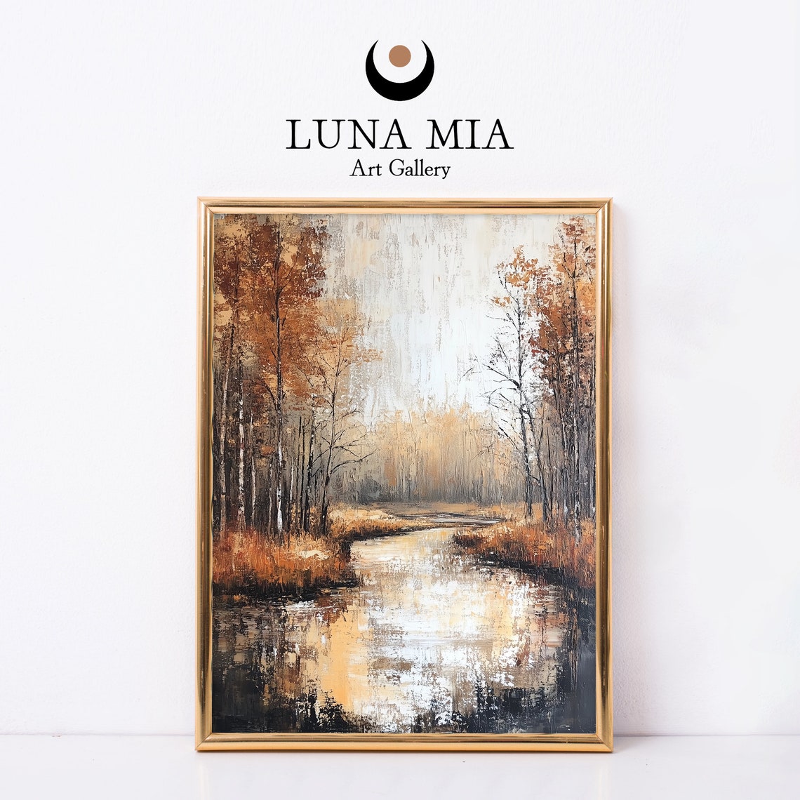 Golden Autumn Forest Stream Sunlit Trees Oil Painting Art Poster