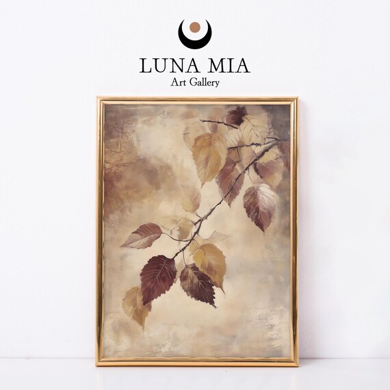 Autumn Branch With Gold And Burgundy Leaves On Warm Beige Poster