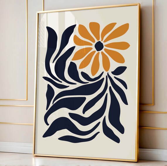 Abstract Orange Daisy Bold Navy Botanical Modern Floral Wall Art