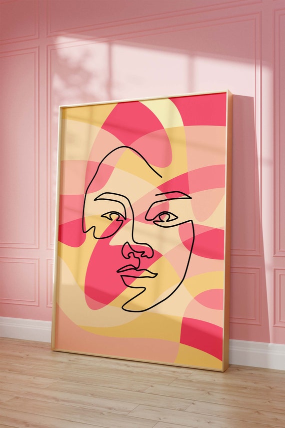Woman Line Art Print Prints Drawing One Tableau Visage Abstrait Boho Pink Decor