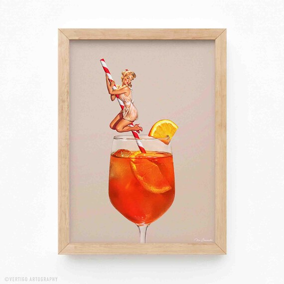 Retro Aperol Spritz Cocktail Art Print Pin Up Girl Summer Decor