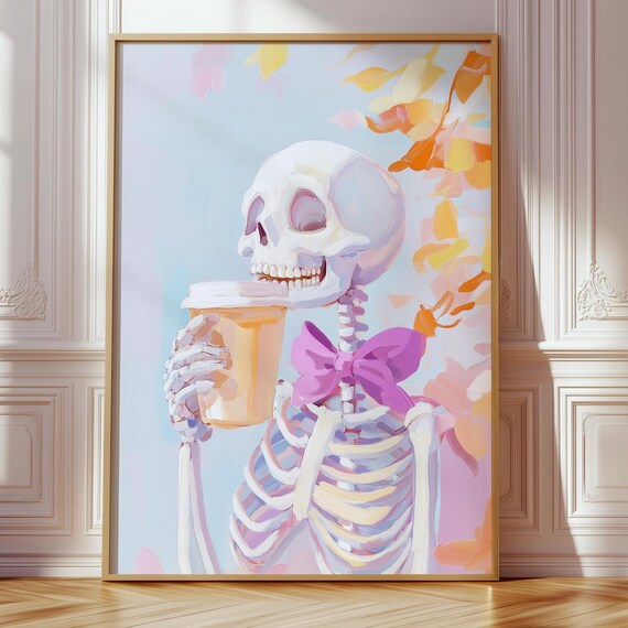 Skeleton Coffee Wall Art Halloween Cozy Autumn Decor Spooky Cute Lover Artwork