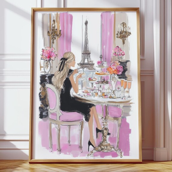 Paris Cafe Fashion Illustration Poster Eiffel Tower Blonde Woman Tea Time