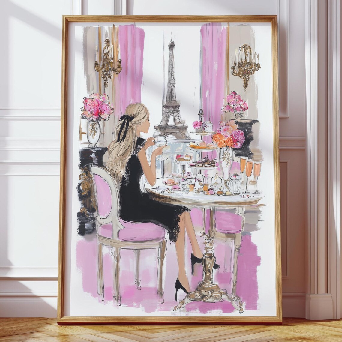 Paris Cafe Fashion Illustration Poster Eiffel Tower Blonde Woman Tea Time