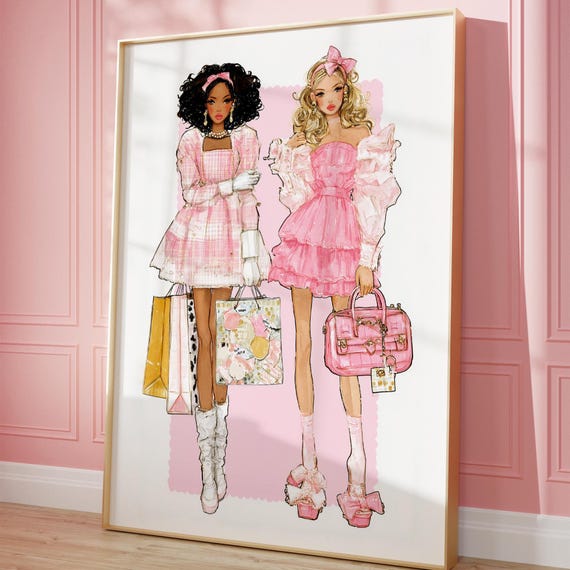 Fashion Girls Black And Blonde In Pink Two Shopping Illustration Girly Poster Printout Makeup Vanity Room Wall Art