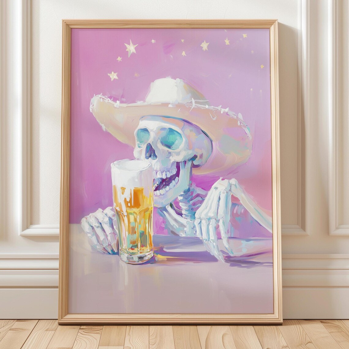 Cowboy Skeleton With Beer Wall Art Funny Halloween Pastel Spooky Girly Pink October Fall Poster Printout