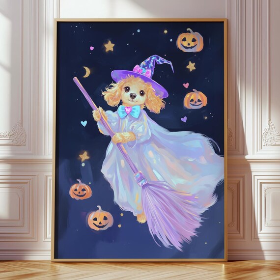 Halloween Dog Wall Art Witch Golden Doodle Decor Cute Flying On Broom Pastel Coquette