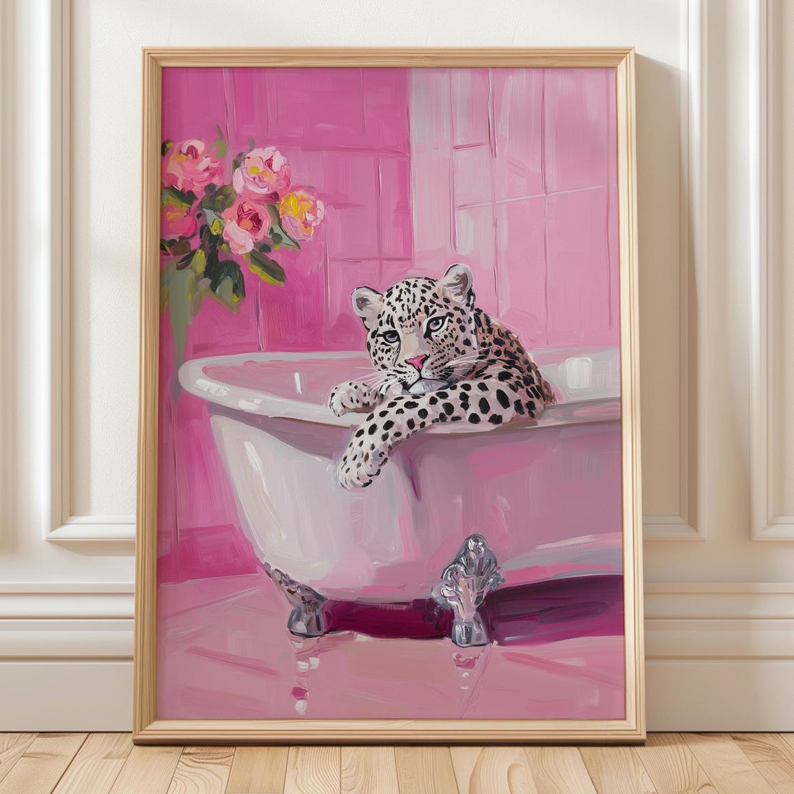 Leopard In Bathtub Pink Bathroom Glam Whimsical Coquette Animal Poster