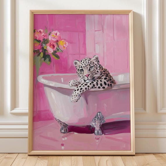 Leopard In Bathtub Wall Art Pink Bathroom Glam Coquette Whimsical Animal Poster
